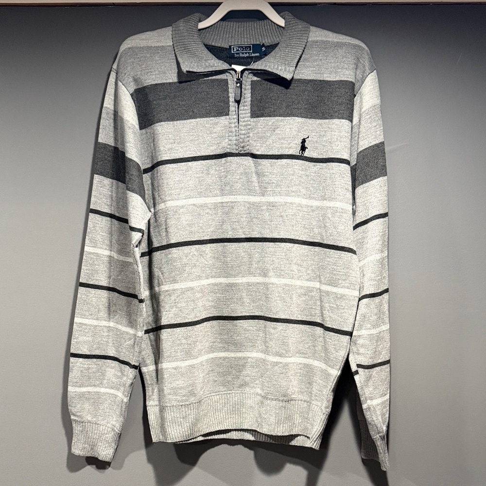 Polo by Ralph Lauren Gray Striped Zip Up Sweater
